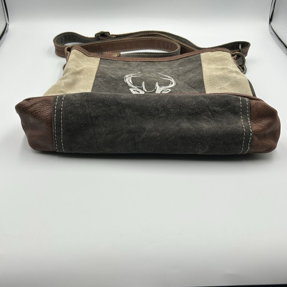 Myra Canvas & Leather Crossbody Upcycled Bag Reindeer Stag Tan Khaki Brown 12x11 - Picture 4 of 14